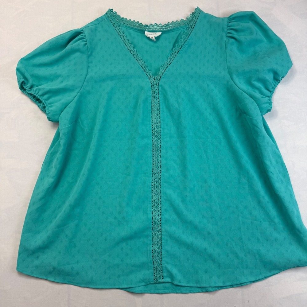 Perch by Blu Pepper Blouse Top Womens 3X Green Puff Sleeve Lace Trim Pullover